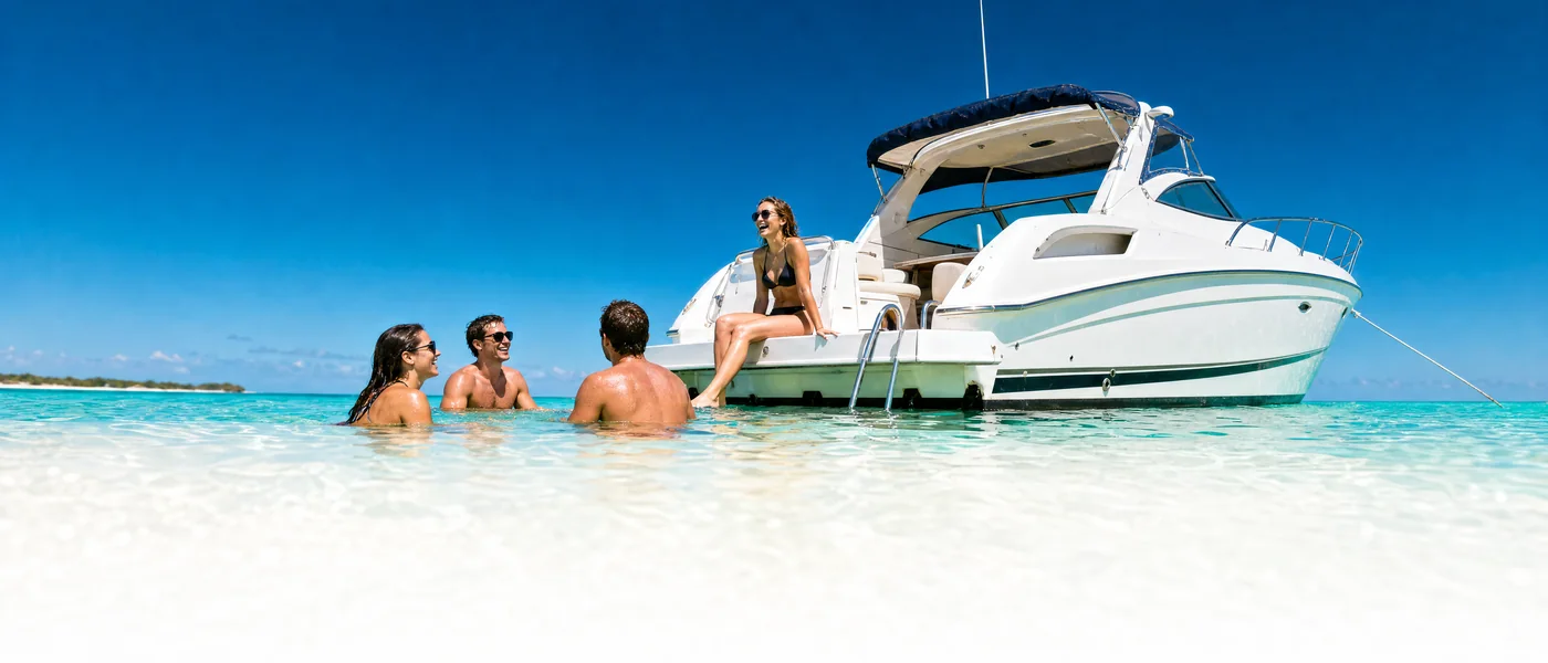 Friends swimming beside a motor yacht anchored over white sand